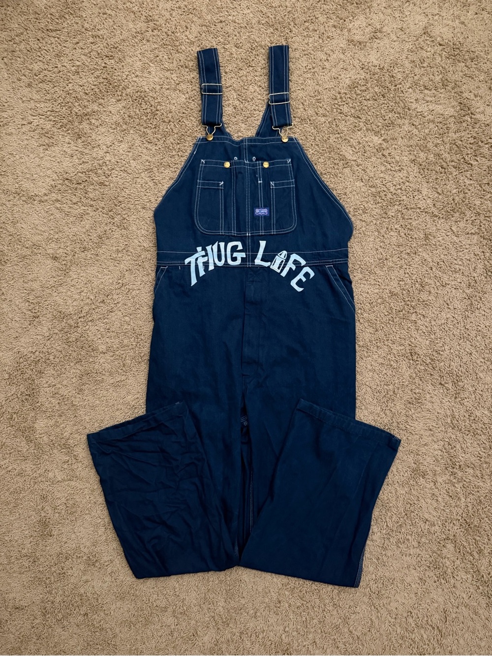 Big Smith 2pac “Thug Life” Carpenter Denim Bib Overalls Blue Jean Workwear 44x33